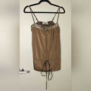 Y2K Costa Blanca Brown Silky Cinched Square Neck Strappy Top With Sequins